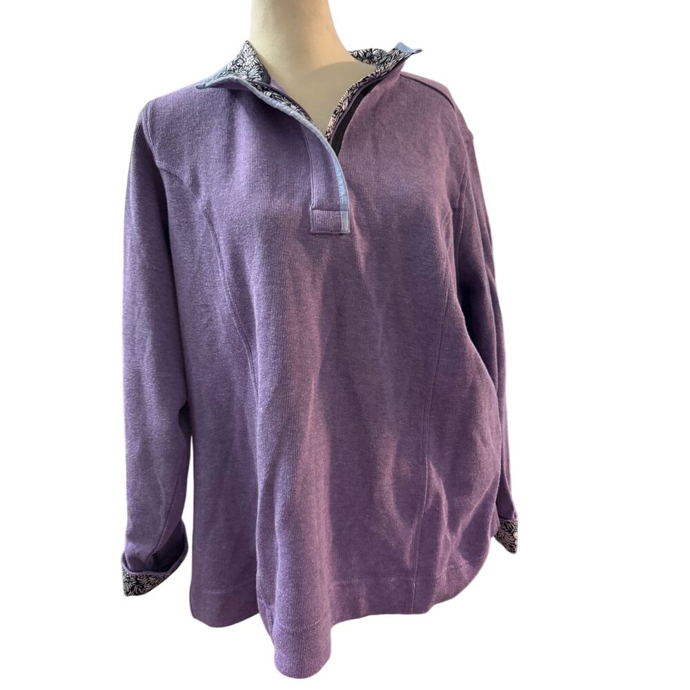 Orvis Quarter Zip Pullover Sweater, Purple French Terry Floral Trim, Women's XL